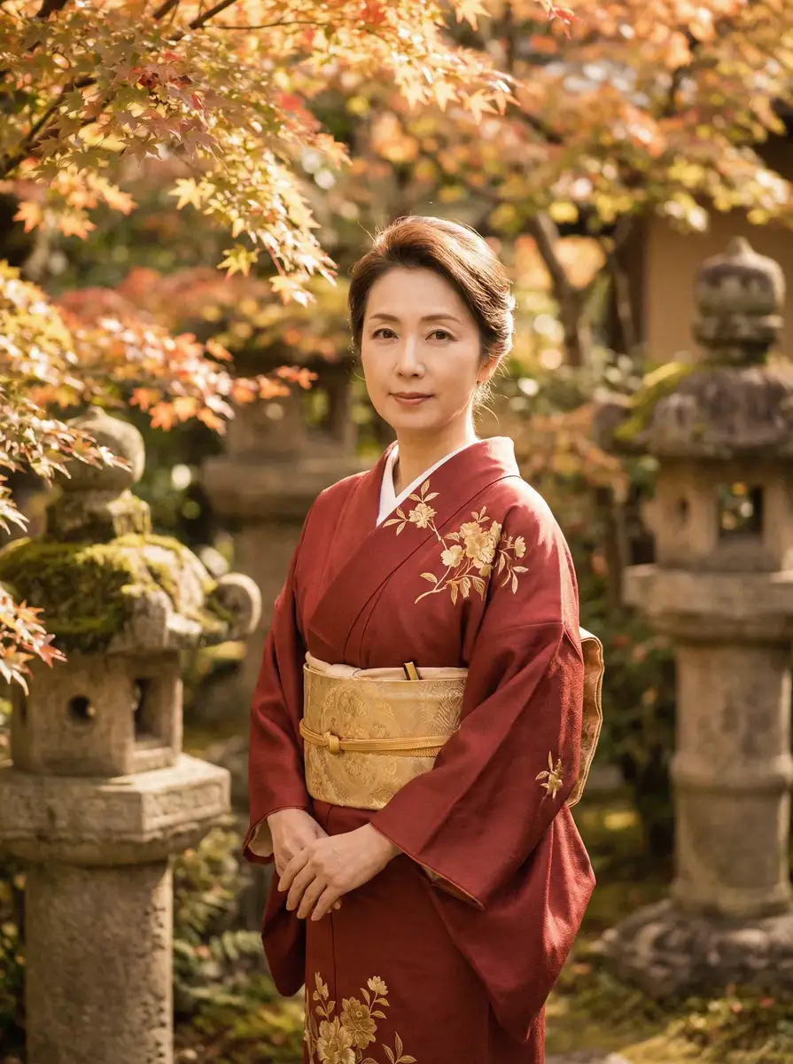 一位身穿暗红色和服的优雅 萝莉岛导航 | 萝莉岛官方入口~热点萝莉岛分享平台 在日式庭院中