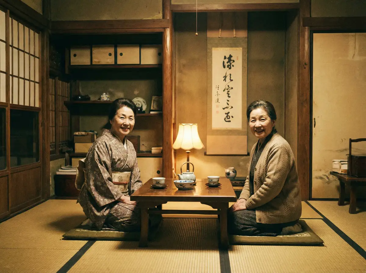 两位优雅的 萝莉岛导航 | 萝莉岛官方入口~热点萝莉岛分享平台 在日式茶室中品茶交谈